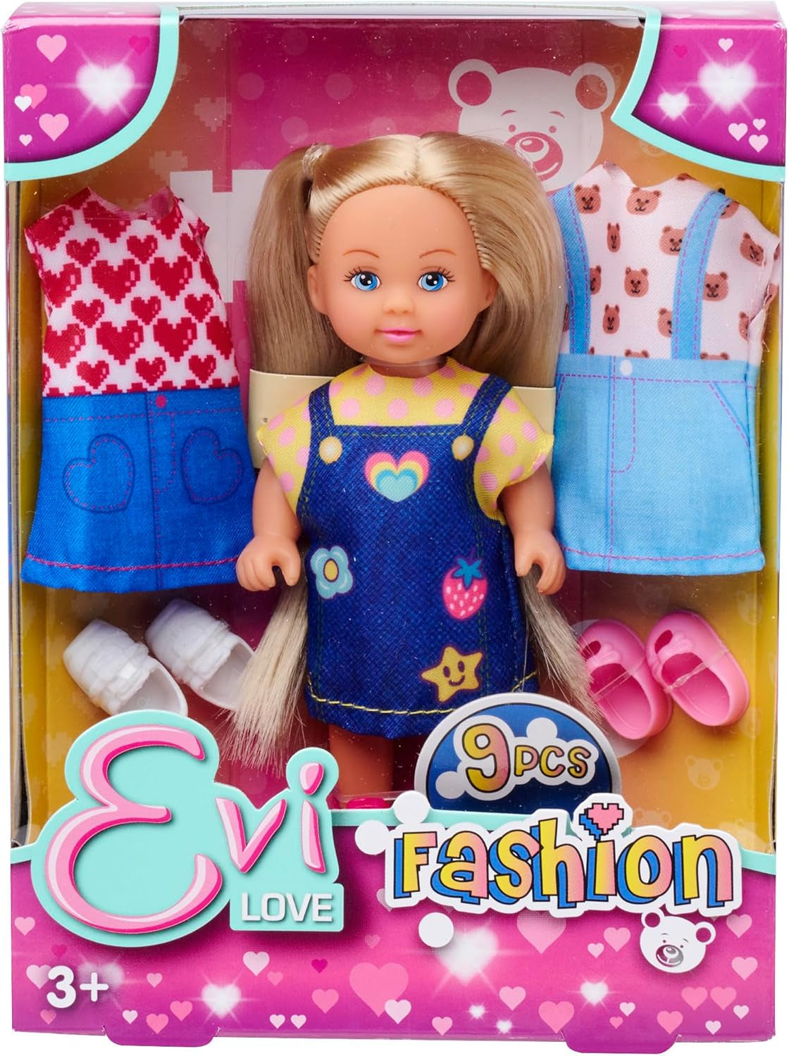 Módní panenka Simba Evi Love v roztomilých džínových šatech, včetně dvou dalších outfitů s rozkošnými potisky a tenisky, 12 cm, věk 3+
