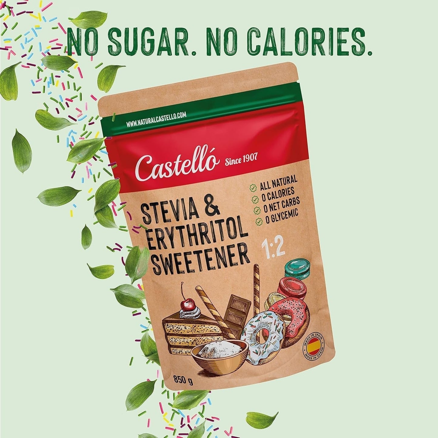 Stévie + Erythritol 1:2 Süßstoff | 1G = 2G Zucker | 100% Natürlicher Zuckerersatz - 0 Kalorie - 0 Glykämischer Index - Keto Und Paleo - 0 Netto-Kohlenhydrát - Kein GVO - Castello od roku 1907 - 850 G Sladidla Naty Shop