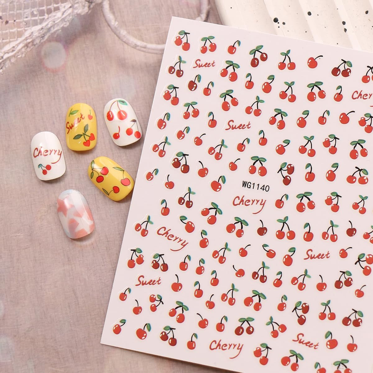 JMEOWIO Nálepka na nehty Kirschfrucht 6 Blatt Nálepka na nehty Selbtklebend Nagelaufkleber Dekoration Nageldesign Zubehör