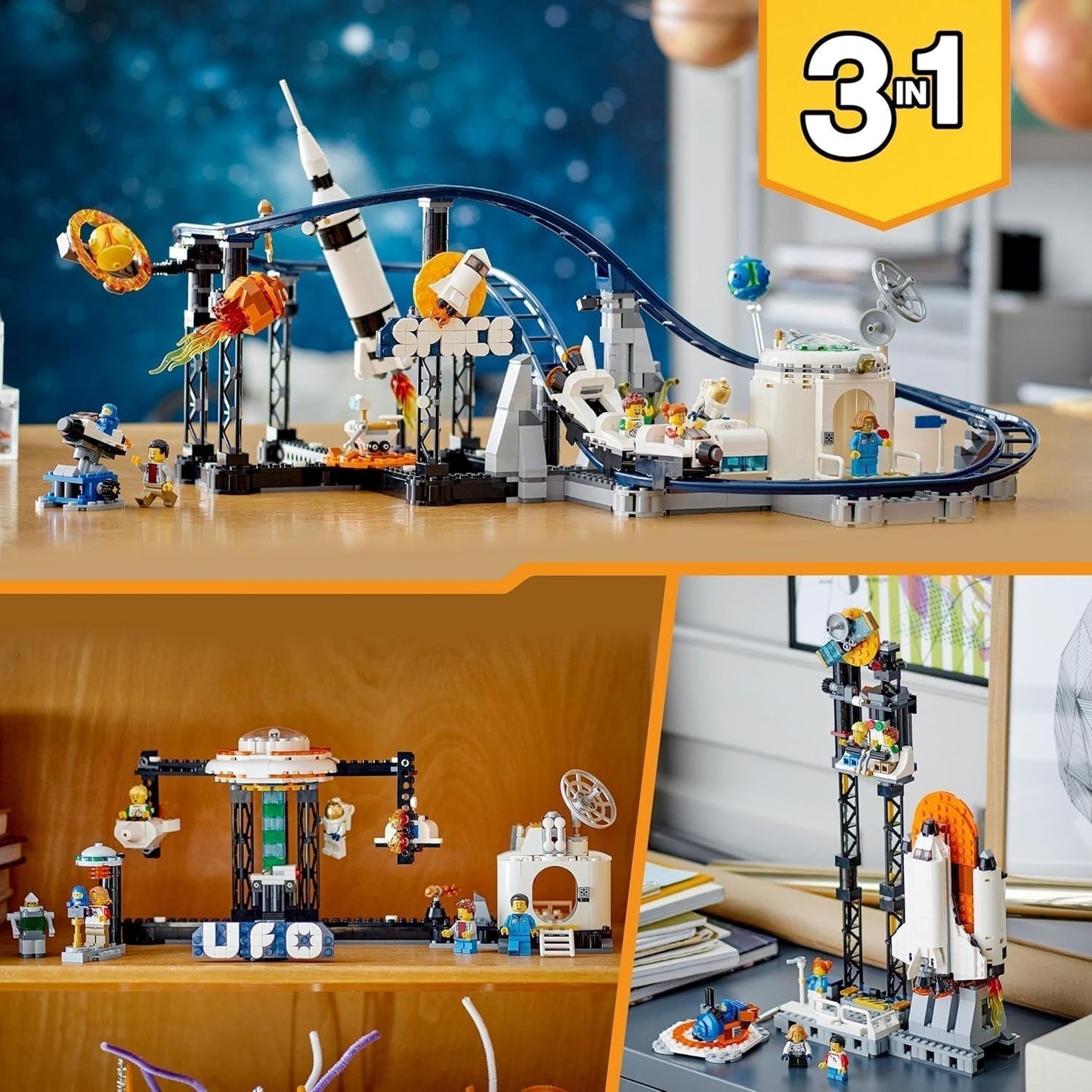Stavebnice LEGO 31142 Creator 3 v 1 Vesmírná horská dráha pro děti s funkčními vozíky, přestavbami na věž s volným pádem nebo kolotočem s raketami a svítícími kostkami Stavebnice Besuche den LEGO-Store