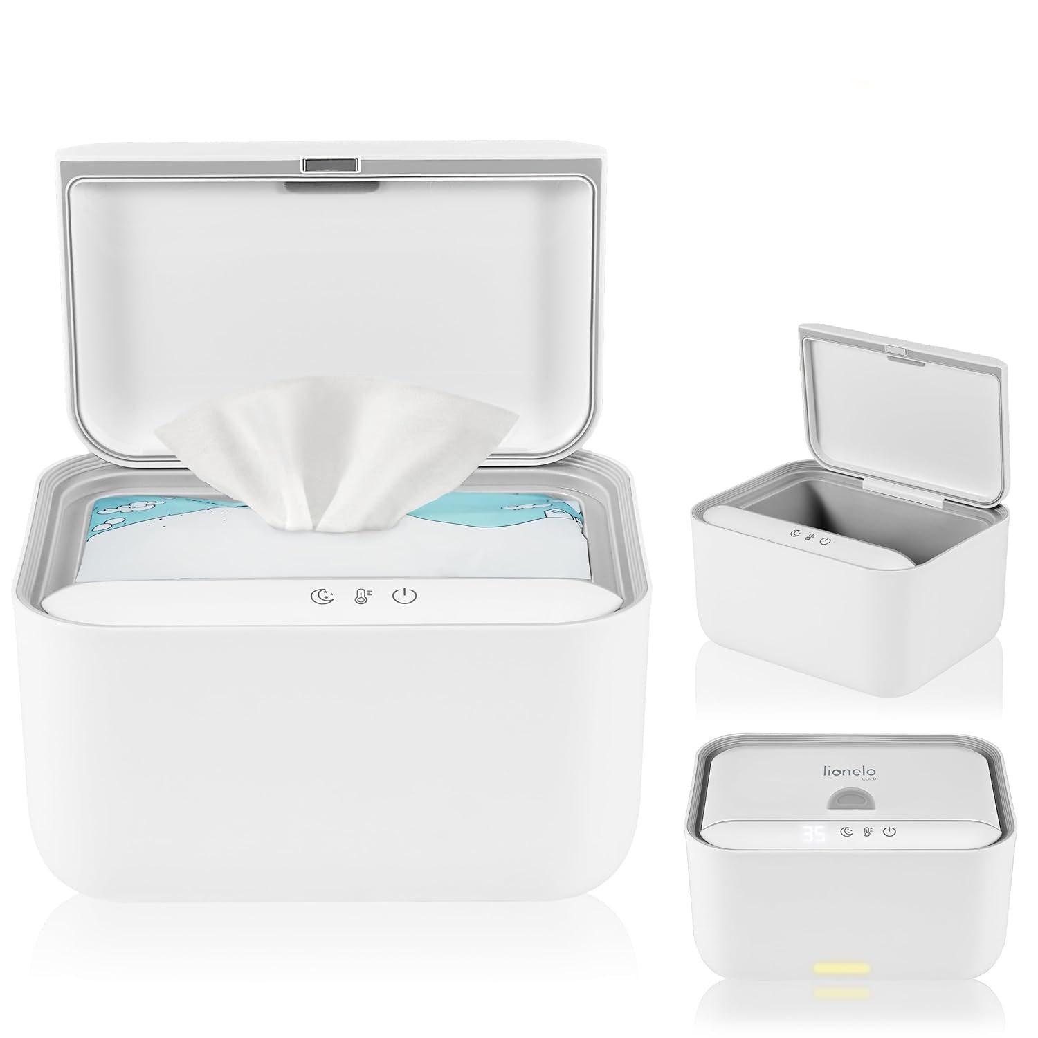 Lionelo BABYBLISS 20W Ohřívač na vlhčené ubrousky a malé ručníky, 20W pro miminka, vestavěné noční světlo, 3 nastavení teploty, dotykový panel, udržuje ubrousky vlhké