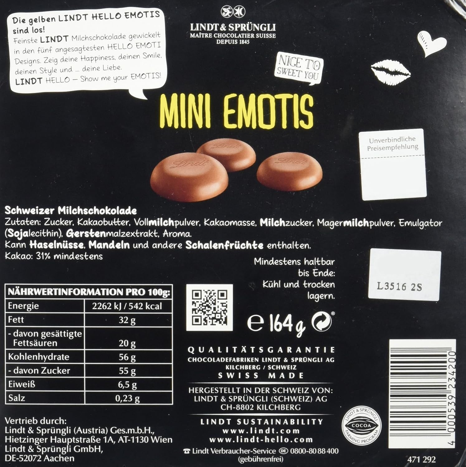 Čokoládový sortiment (37 kuliček LINDOR, 24 Hello Mini tyčinek, 10 Mini Fioretto), čokoládový dárek (1 x 815 g) a HELLO Mini Emoti, mléčná čokoláda v 5 designech emotikonů, 164 g