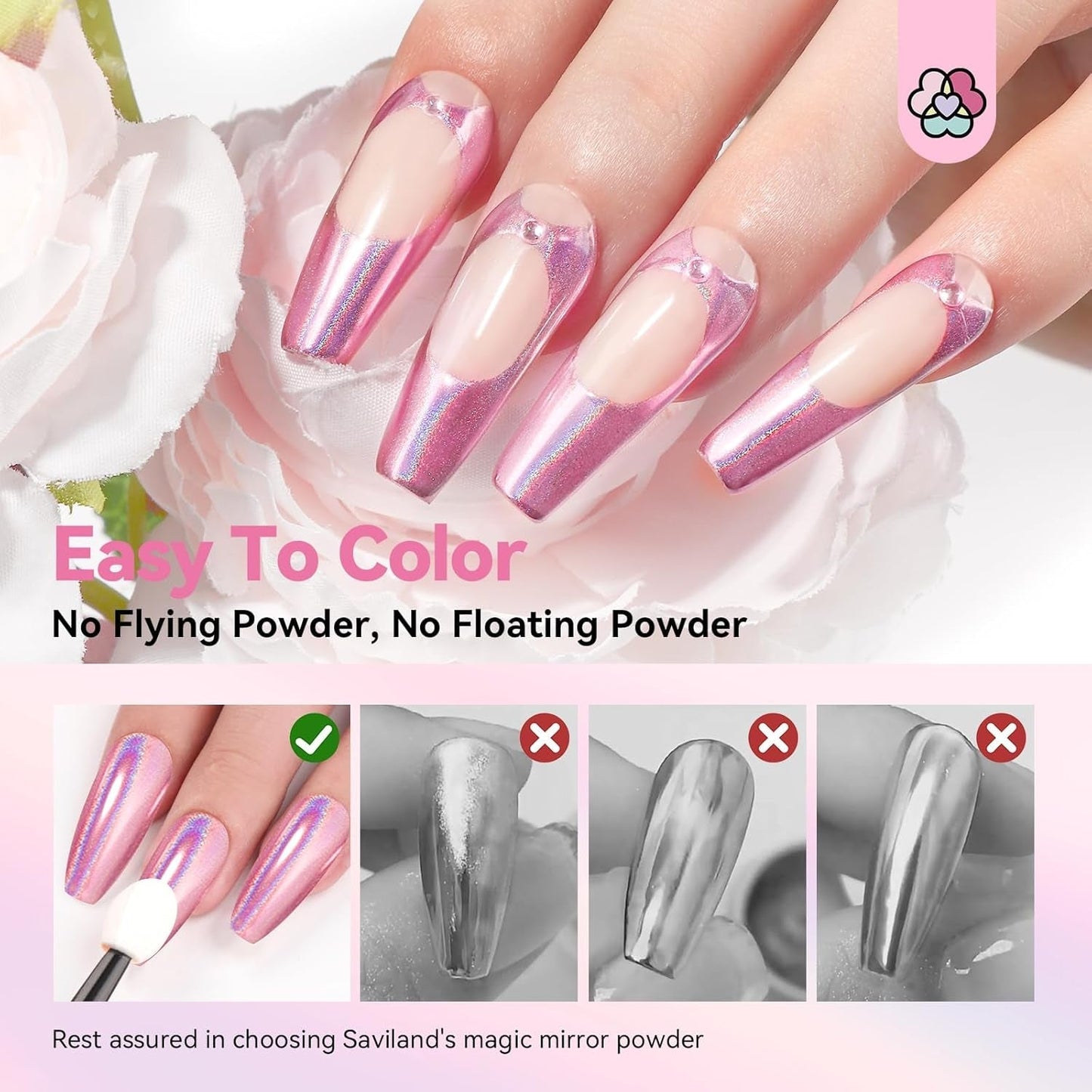 Saviland Chrome Powder Powder Set – růžový laserový chromový prášek na nehty se zrcadlovým efektem laserové zdobení nehtů, dekorativní pudr na manikúru se třpytkami s houbičkami, třpytivý prášek na nehty v nehtovém salonu