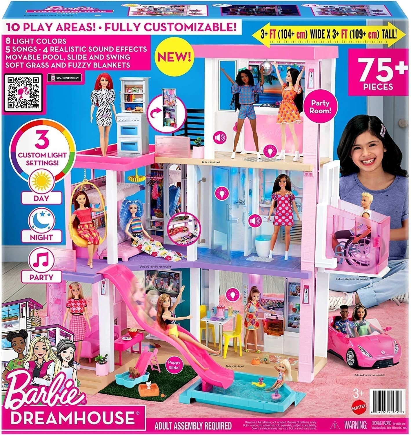 Dům snů Barbie (114 cm), 3patrový domeček pro panenky, bazén, skluzavka, výtah pro invalidní vozíky, 75 doplňků, panenky, vhodné jako dárek pro děti od 3 let, domečky pro panenky Naty Shop GRG93