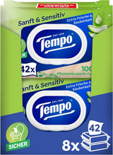 Tempo ''Gentle & Sensitive'' vlhčené toaletní ubrousky - Megapack - 16 balení po 42 ubrouscích - Duo Pack - Přírodní Aloe Vera - Hygienický papír, dermatologicky testováno, neutrální k pokožce