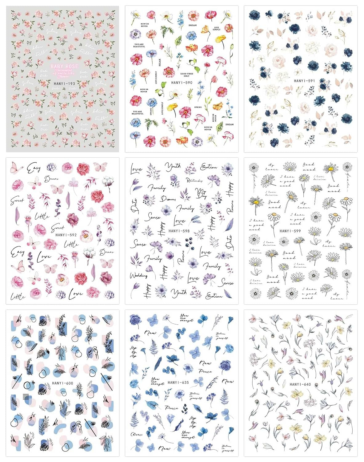 JMEOWIO Nálepka na nehty Blumen Frühling 9 Blatt Nálepka na nehty Selbtklebend Nagelaufkleber Buntes Letní Blumen Dekorace Nageldesign Zubehör