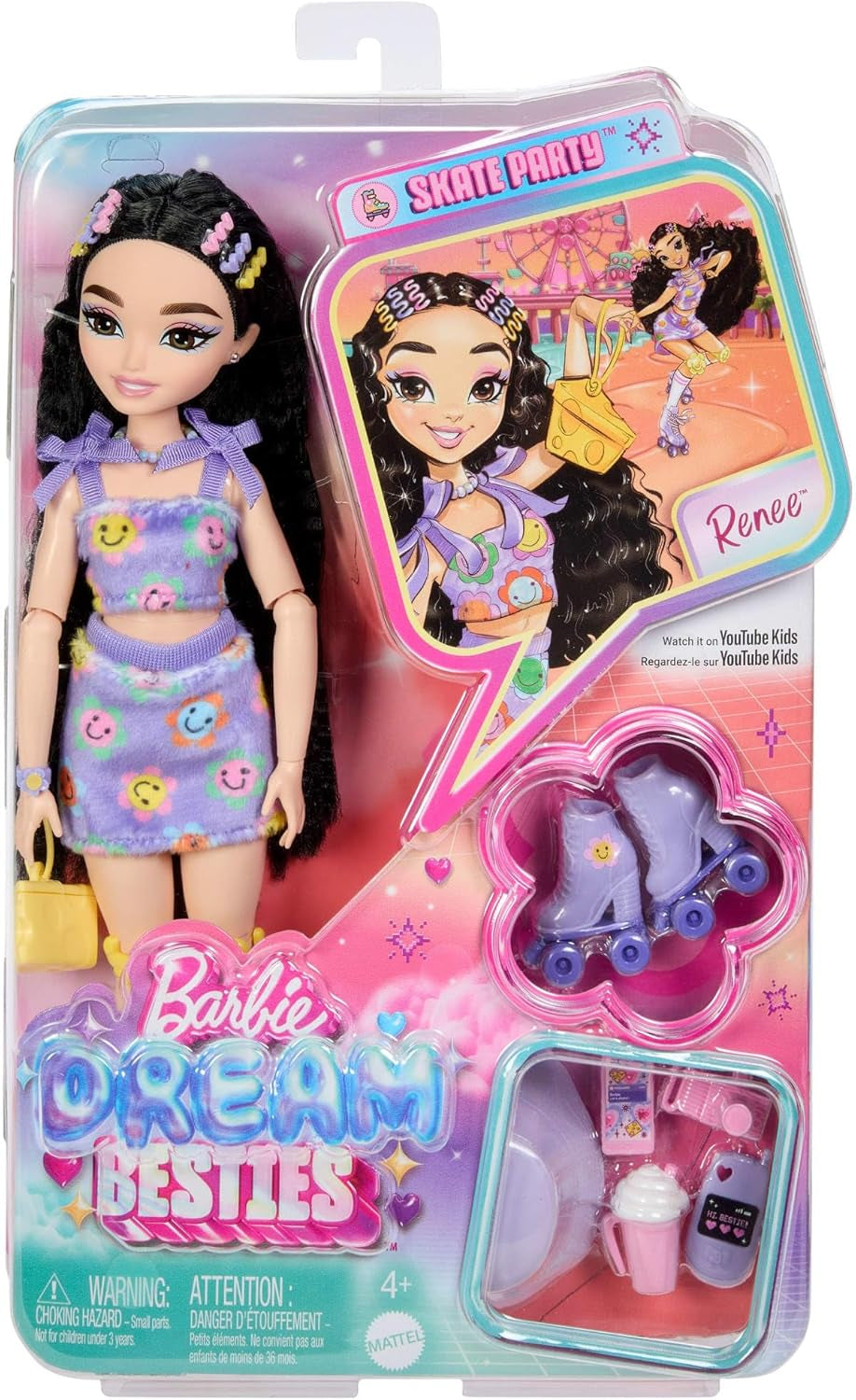 Panenka Barbie Dream Besties a doplňky, módní panenka Barbie Renee s bruslením na kolečkových bruslích a černými vlasy, 12 tématických doplňků s videi a jídlem, JFX99