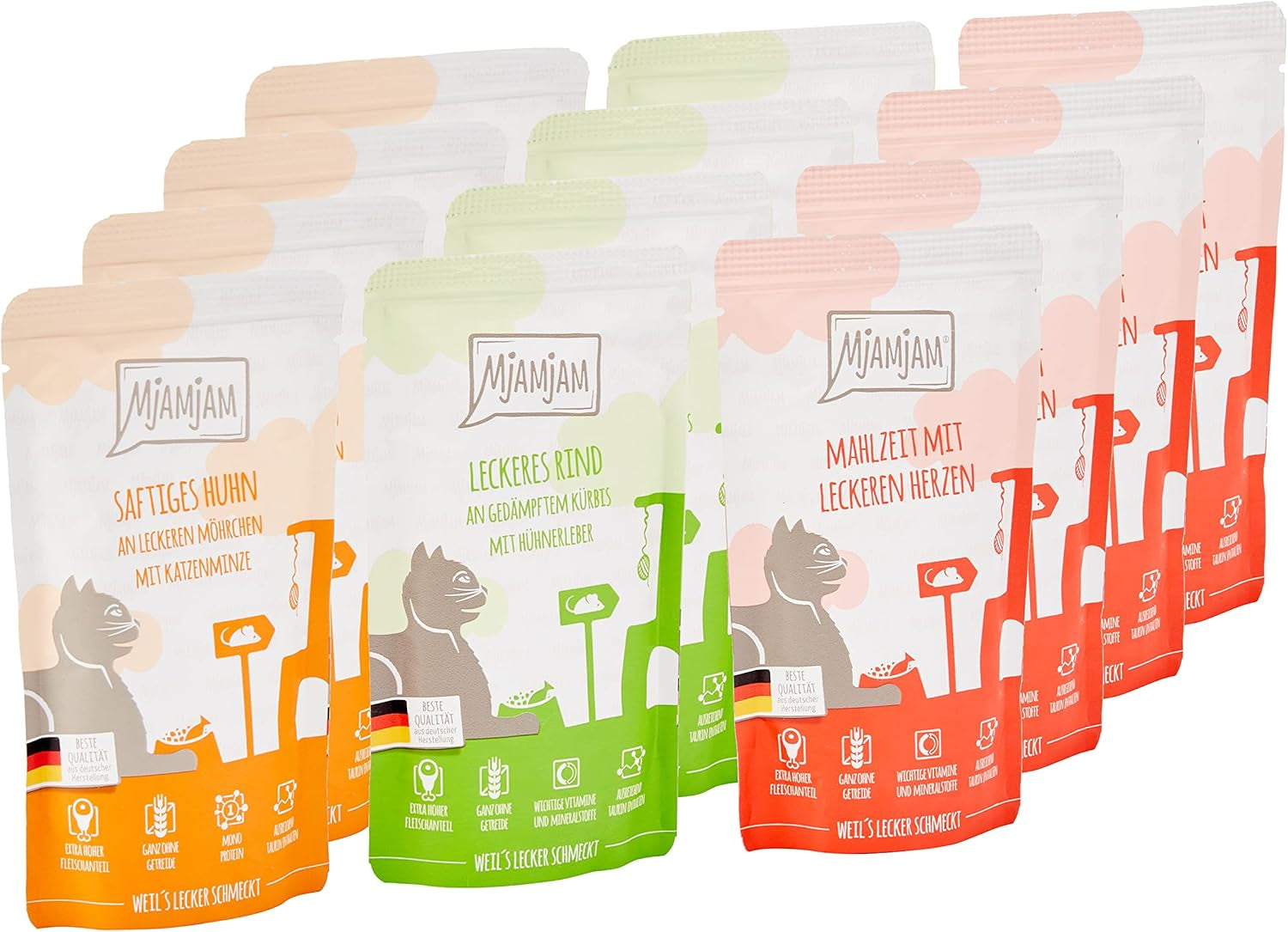 MjAMjAM - prémiové mokré krmivo pro kočky - smíšené balení I - kuře, hovězí maso, srdíčka 12 balení (12 x 125 g), bez obilovin s extra masem