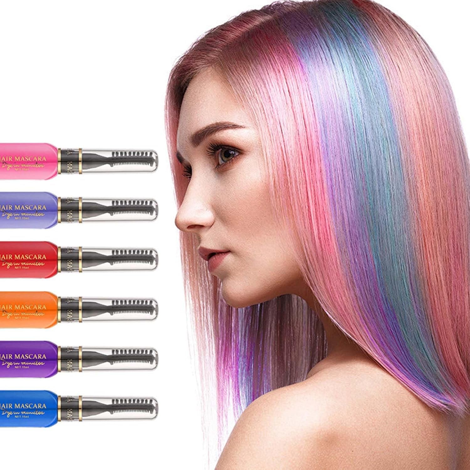 Okamžitá barva na vlasy 6 barev Dočasná řasenka na vlasy pro dívky a ženy Smývatelné vlasy Chalk Rainbow Hair Mascara Barva na vlasy pro karneval Halloween Cosplay Party Narozeniny (A) Naty Shop Hair Dye