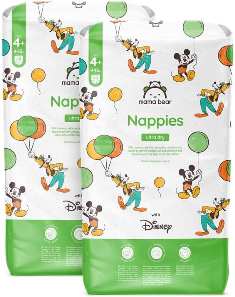 Ultra suché plenky Mama Bear Disney velikost 4 (8-14 kg), bílé, 84 kusů (1 balení) Naty Shop velikost 4+ (9-15 kg) měsíční balení