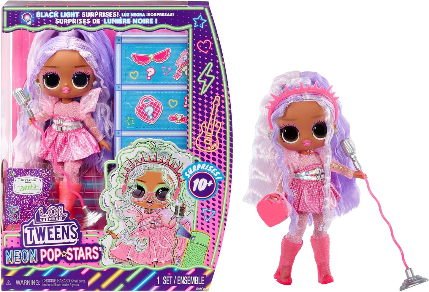 L.O.L. Překvapení! Tweens Neon Pop Stars - Kitty K - 1 módní panenka s podsvícenými překvapeními a 10+ oblečky a doplňky Pop Star, včetně retro mikropásek, dárek pro děti 4+ Naty Shop Kitty K Dolls