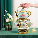 Keramická čajová souprava s kovovým stojánkem, 20 kusů Vintage květinový vzor Porcelánová čajová souprava, Evropský styl čajová souprava pro 6, 160 ml keramický šálek na čaj, 700 ml konvice, na večírky