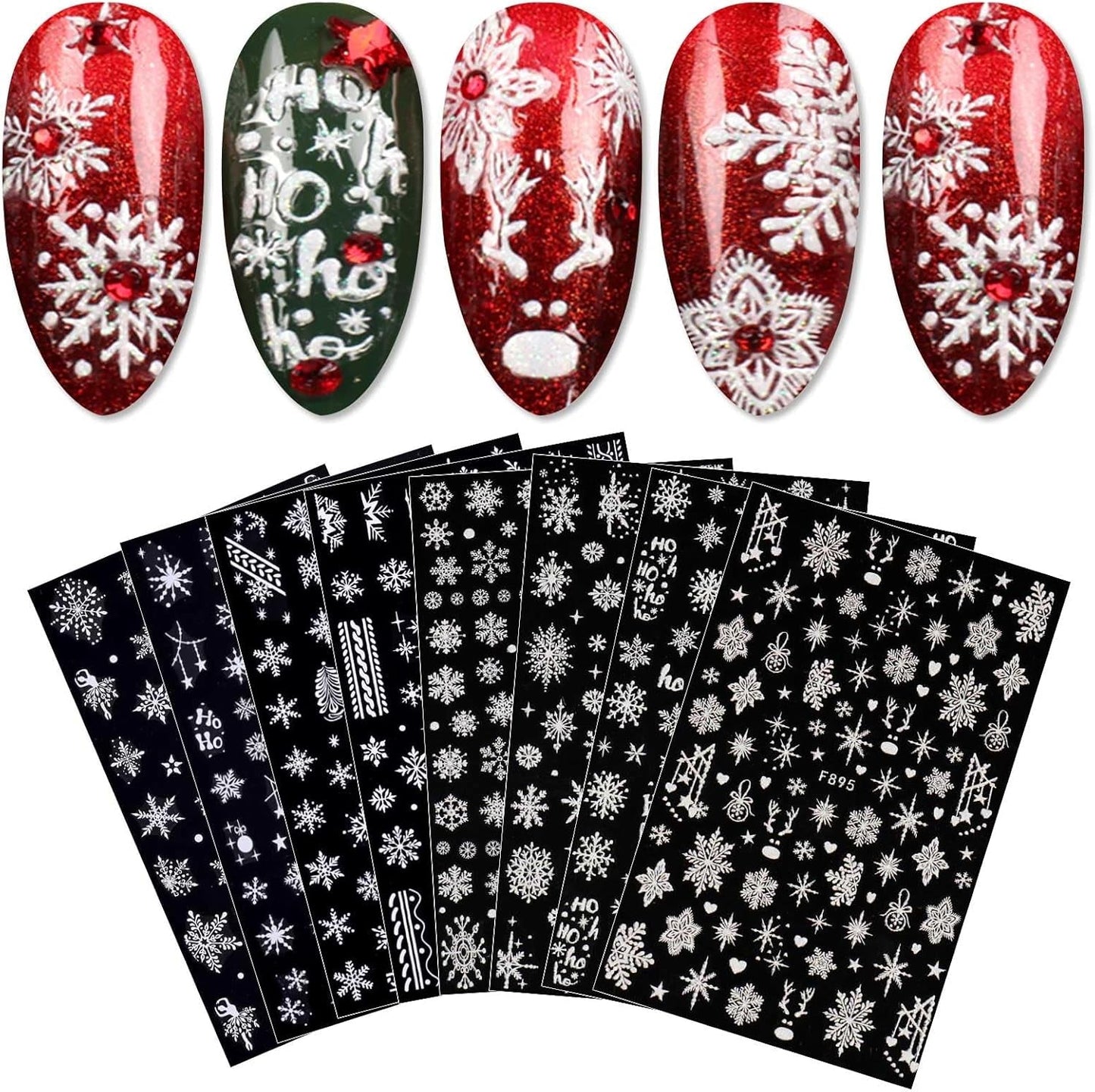 JMEOWIO Nálepka na nehty Weihnachten Weiß Glitter 8 Blatt Nálepka na nehty Selbtklebend Nagelaufkleber Schneeflocke Zimní dovolená Dekorace Nageldesign Zubehör