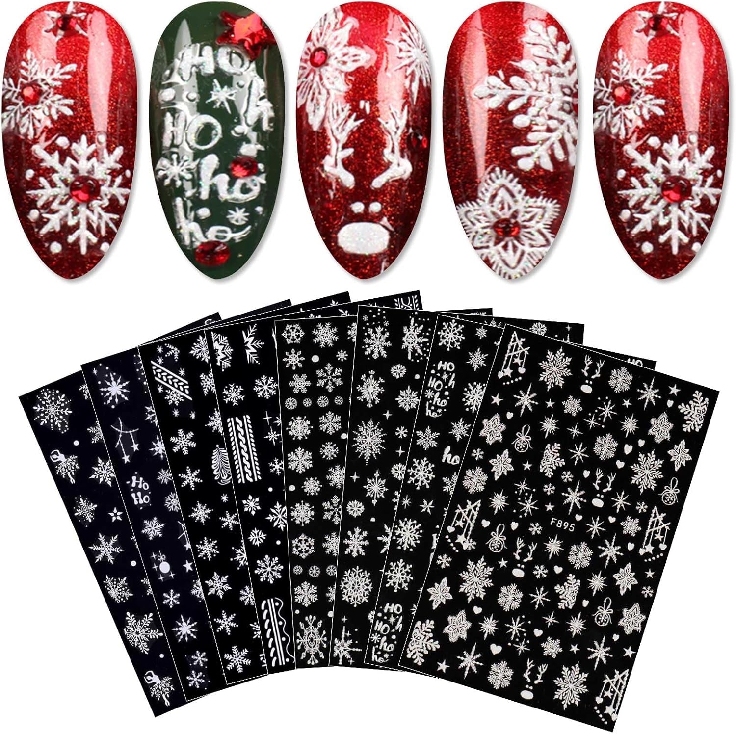 JMEOWIO Nálepka na nehty Weihnachten Weiß Glitter 8 Blatt Nálepka na nehty Selbtklebend Nagelaufkleber Schneeflocke Zimní dovolená Dekorace Nageldesign Zubehör