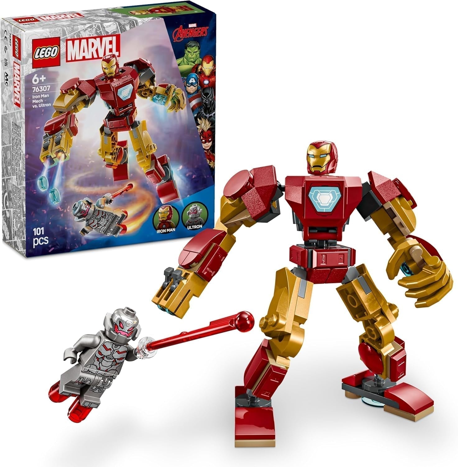 LEGO Marvel Iron Man Mech vs. Ultron - Superhrdinská hračka se 2 minifigurkami - Akční figurka s pohyblivými pažemi, nohama a prsty - Dárek pro chlapce a dívky Věk 6+ 76307 Stavebnice Besuche den LEGO-Store Výchozí název