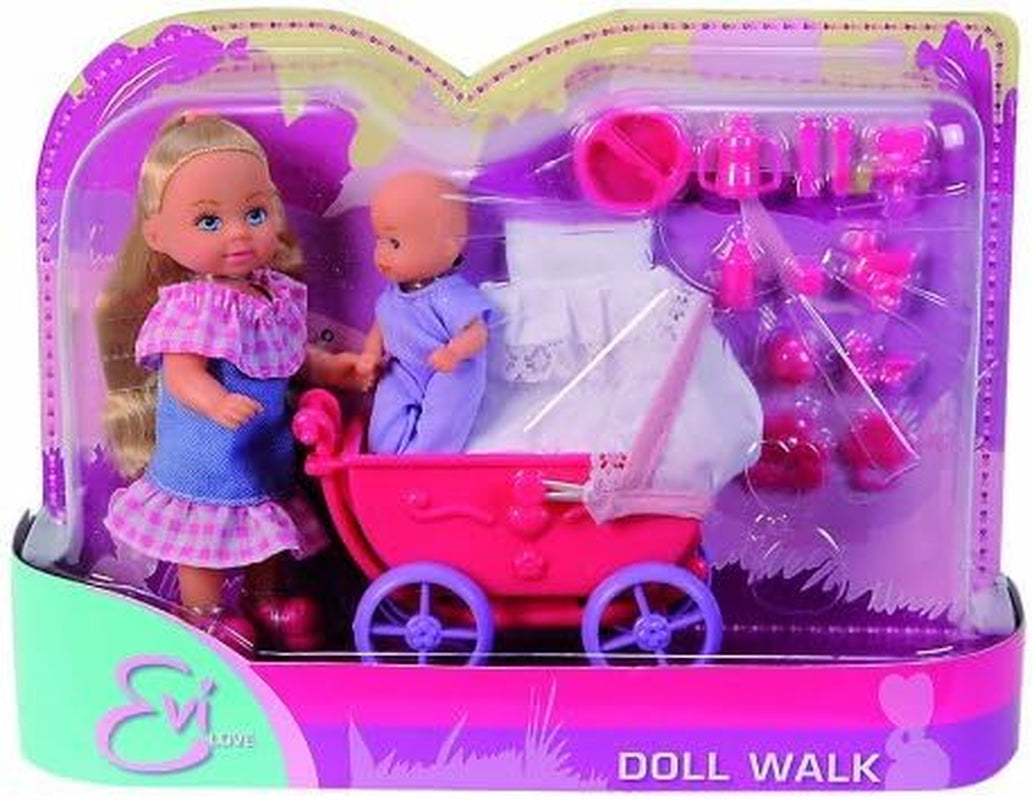 Simba 105736241 Panenka Evi Love Walk 2 Různé panenky Evi s panenkou a kočárkem pro panenky včetně příslušenství Módní panenka 12 cm pro děti od 3 let