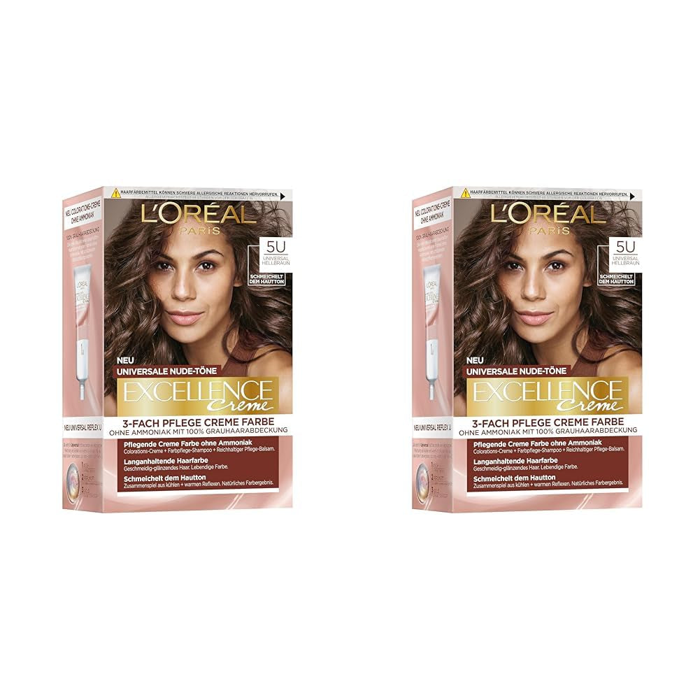 L'Oréal Paris Permanentní barva na vlasy pro každý tón pleti, barvení bez amoniaku, univerzální nahé tóny s plným krytím šedivých vlasů, Excellence Creme, no. 5U světlý kaštan (hnědý), 1 ks barva na vlasy Naty Shop 5U 192 G (balení 2 ks)