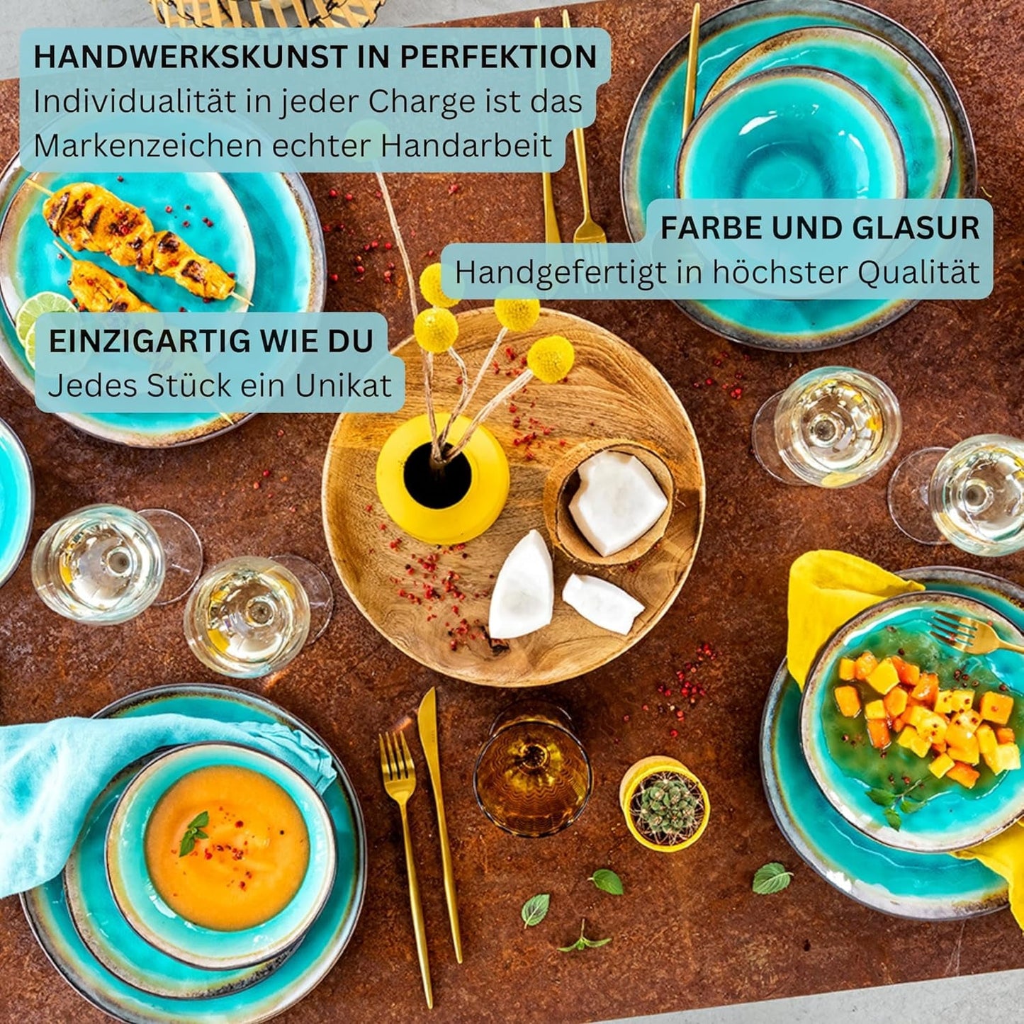 SANGER | Nádobí Capri 12dílná sada nádobí Kameninové nádobí pro 4 osoby včetně talířů, dezertních talířů a talířů Suma Ručně vyráběná tyrkysová večeře s šedým okrajem | PRÉMIOVÁ KOLEKCE