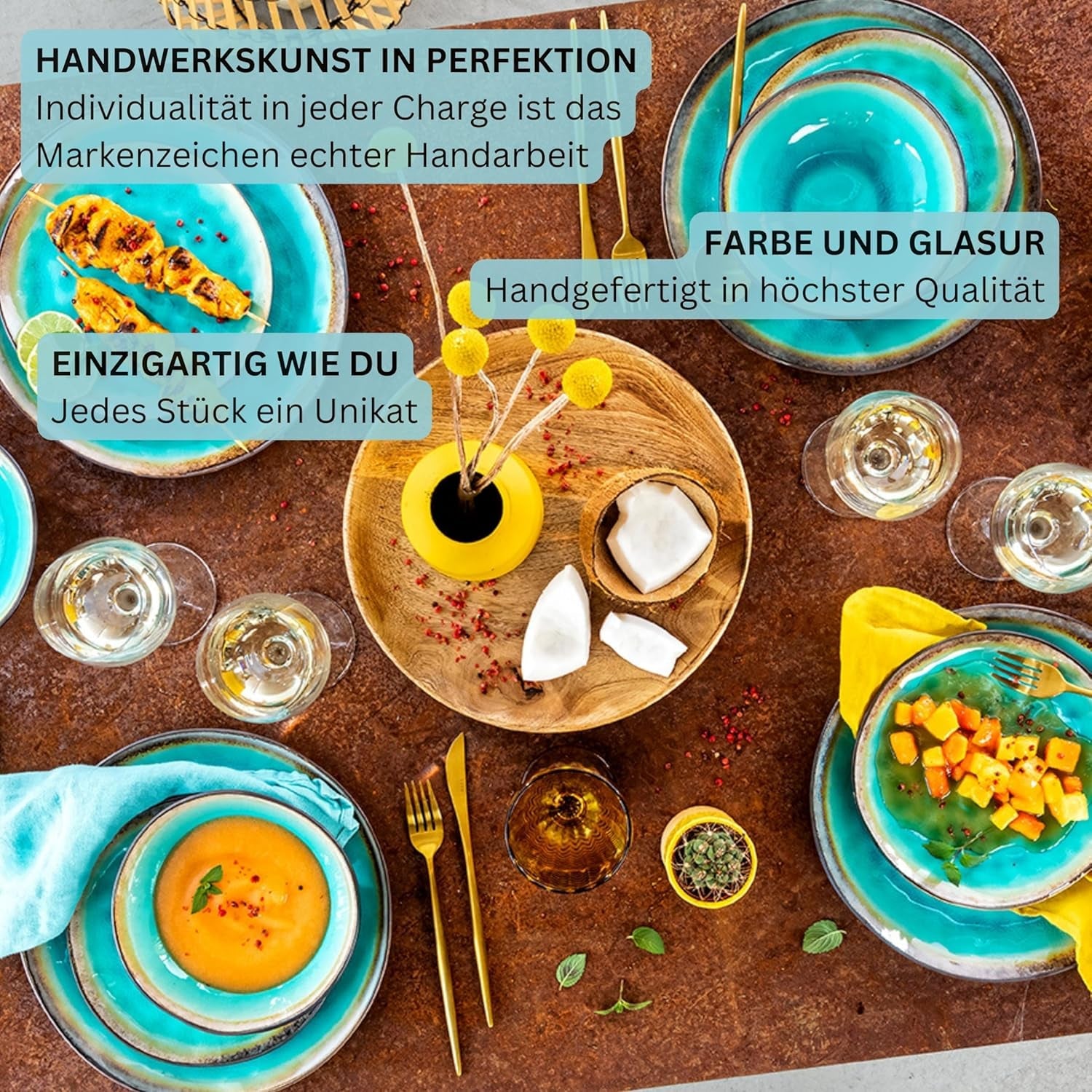SANGER | Nádobí Capri 12dílná sada nádobí Kameninové nádobí pro 4 osoby včetně talířů, dezertních talířů a talířů Suma Ručně vyráběná tyrkysová večeře s šedým okrajem | PRÉMIOVÁ KOLEKCE