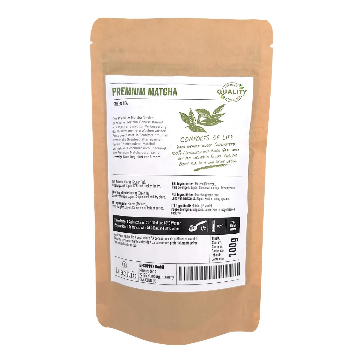 Premium Matcha Tea Japan 100 g - Laboratorně testováno - Ceremoniální Matcha prášek pro přípravu Umami Matcha, 100% přírodní prášek ze zeleného čaje, ideální pro Matcha Latte, Teaclub