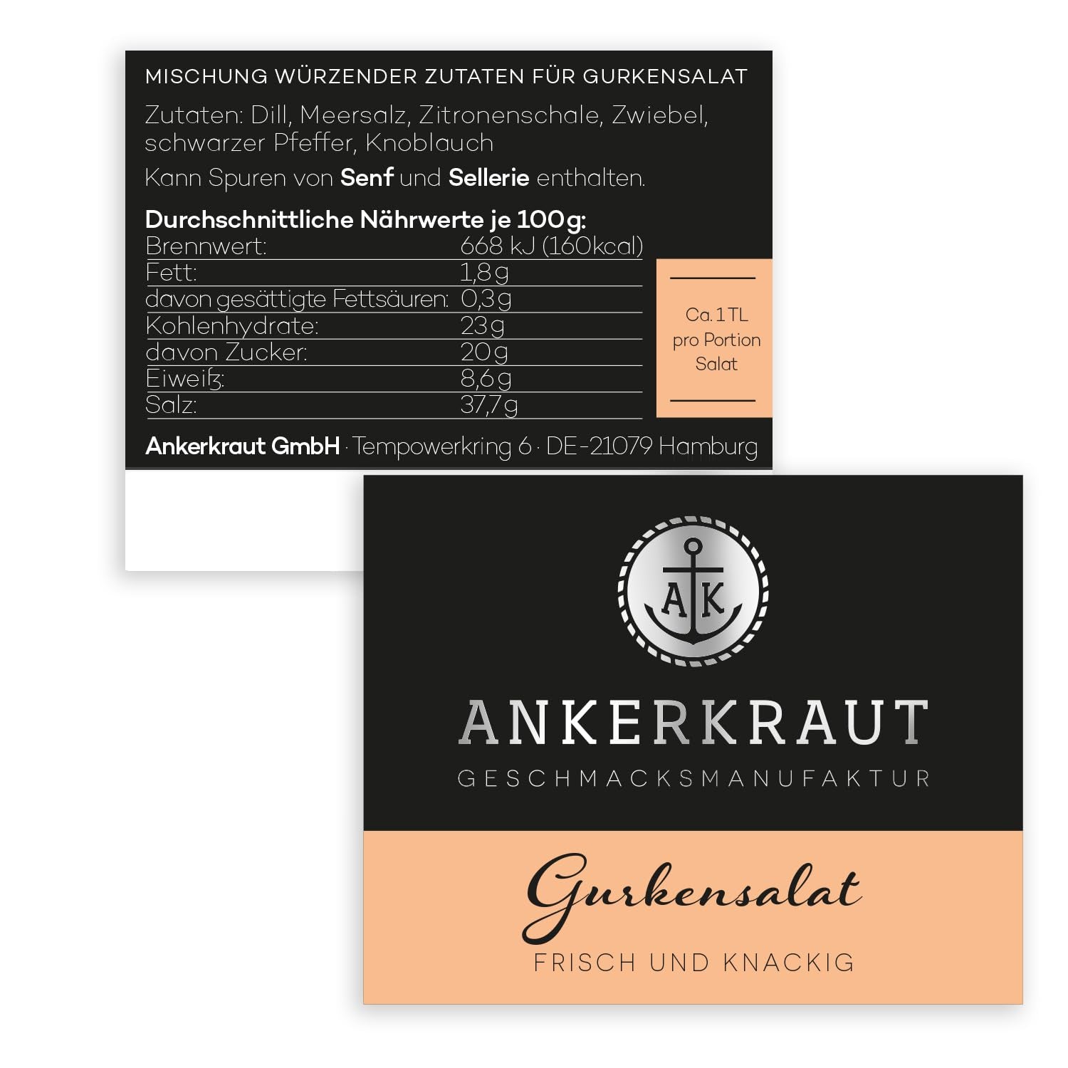 Ankerkraut Gurkensalat, 60 g v korkové sklenici, Würze Gherken-Salat Ganz Einfach, Zuckerfrei und Ohne Gesmackverstärker, Mischung würzender Ingredient für Salat