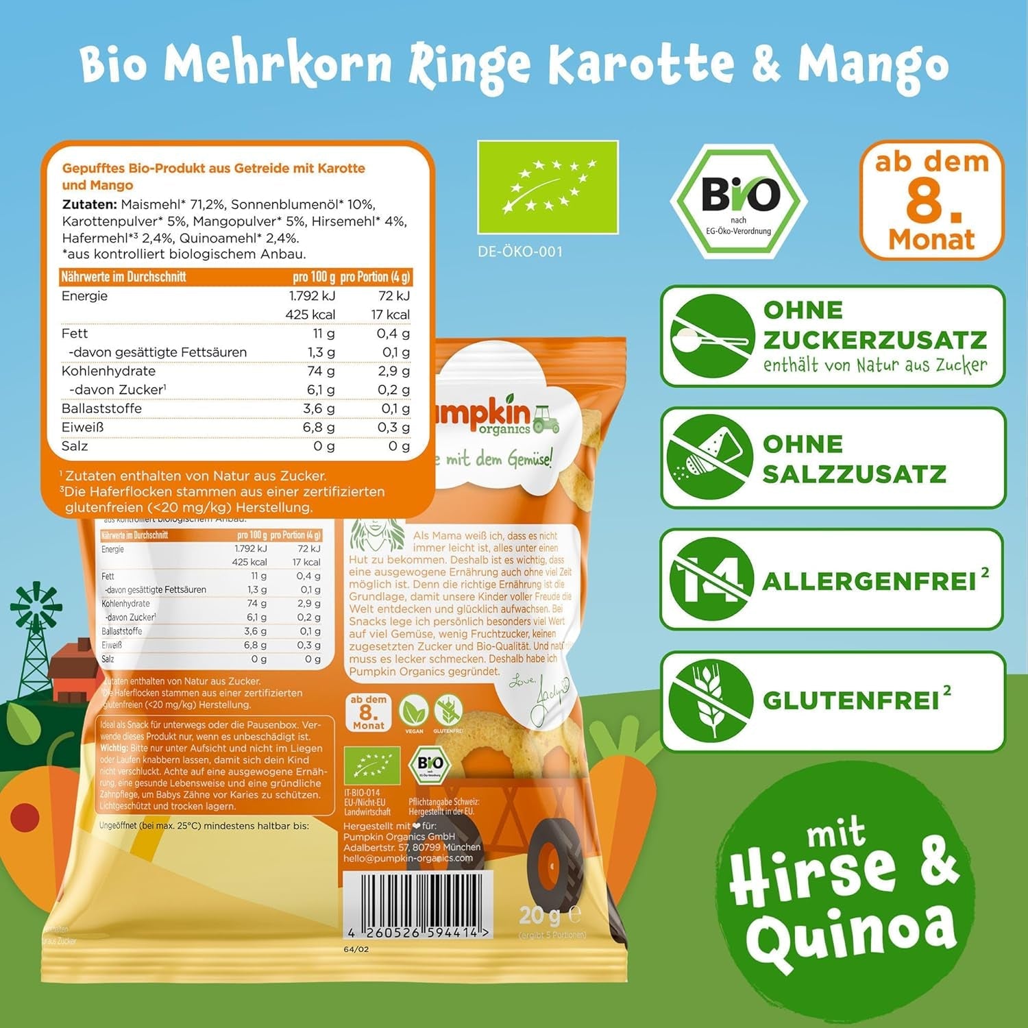 Dětské vícezrnné kroužky mrkve a manga dýně BIO (balení 8 ks) Dětské přesnídávky bez aditiv od 12 měsíců – bez alergenů² a bezlepkové³ dětské křupavé přesnídávky (8 x 20 g)
