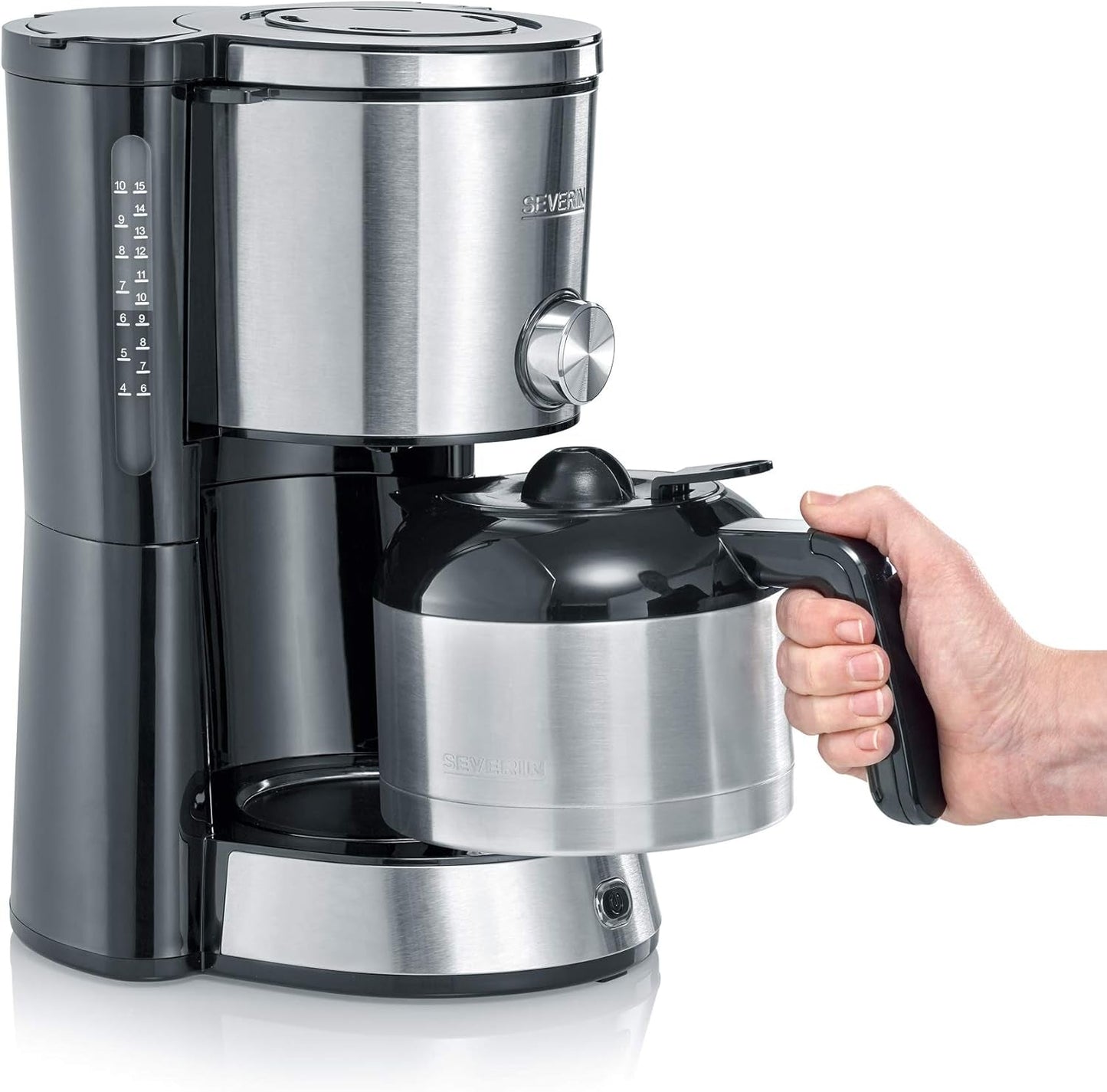 Espresso kávovar SEVERIN "TypeSwitch" s termální karafou, AromaSwitch pro výběr mezi 2 spařovacími profily, kávovar až na 10 šálků, 1000W, broušená nerez-černá, KA 4845