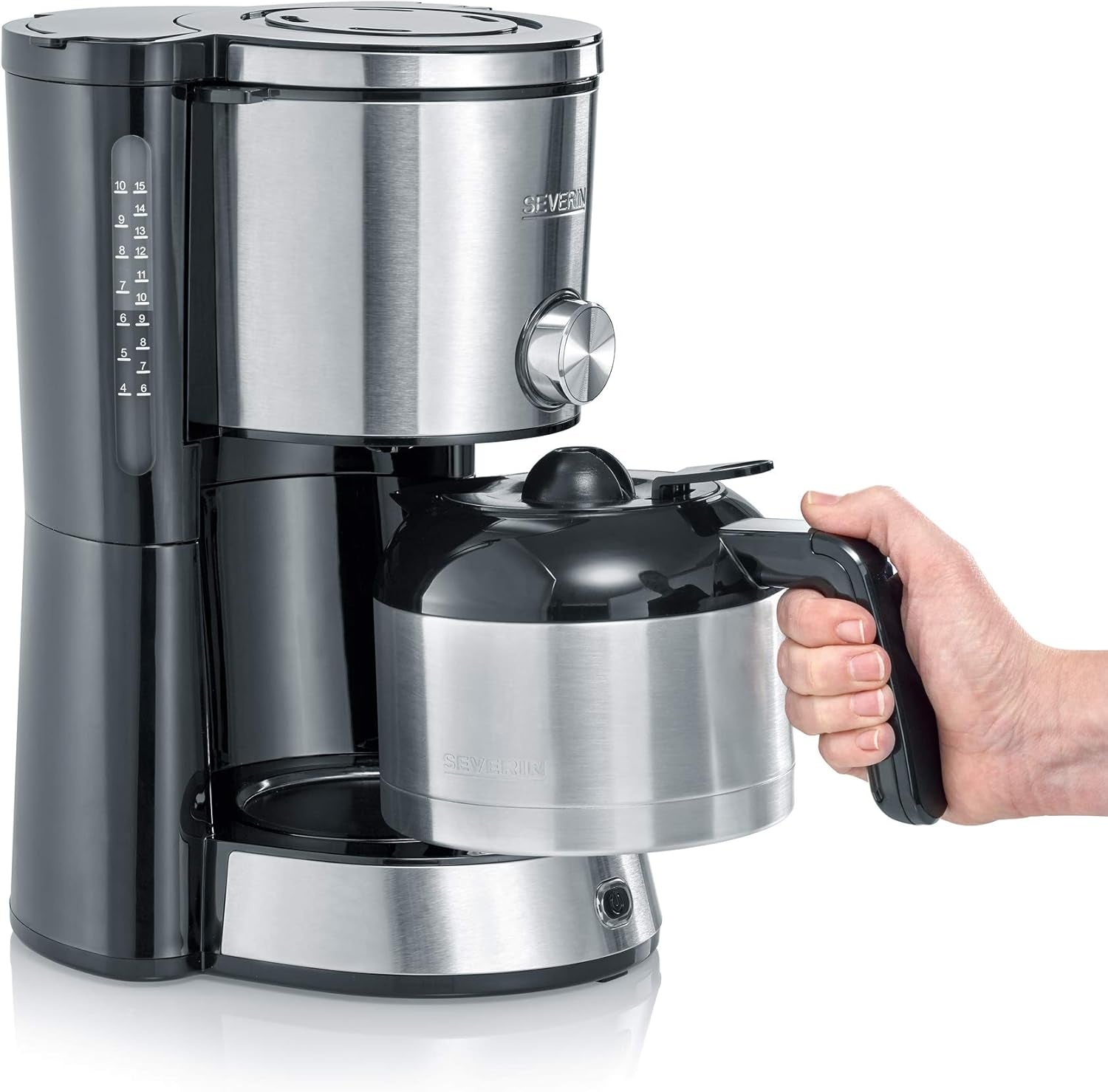 Espresso kávovar SEVERIN "TypeSwitch" s termální karafou, AromaSwitch pro výběr mezi 2 spařovacími profily, kávovar až na 10 šálků, 1000W, broušená nerez-černá, KA 4845