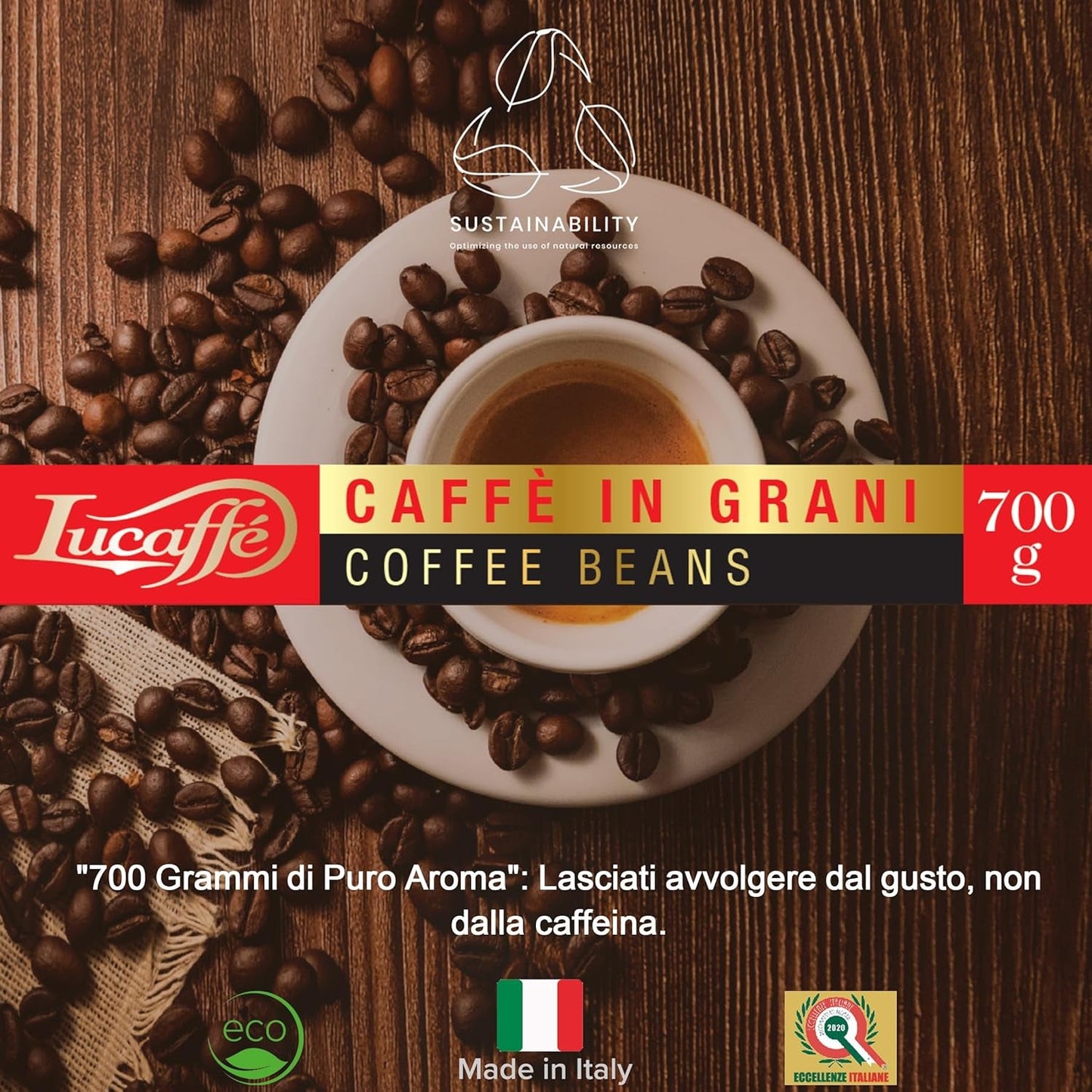 Lucaffè – Entkoffeinierte Kaffeebohnen Decaffeinato, 700 gr | Kaffeebohnen zum Mahlen für Espresso nebo Kaffein | Dark Röstung | Süßer und fruchtiger Gesmack, krémový | Intenzivní aroma