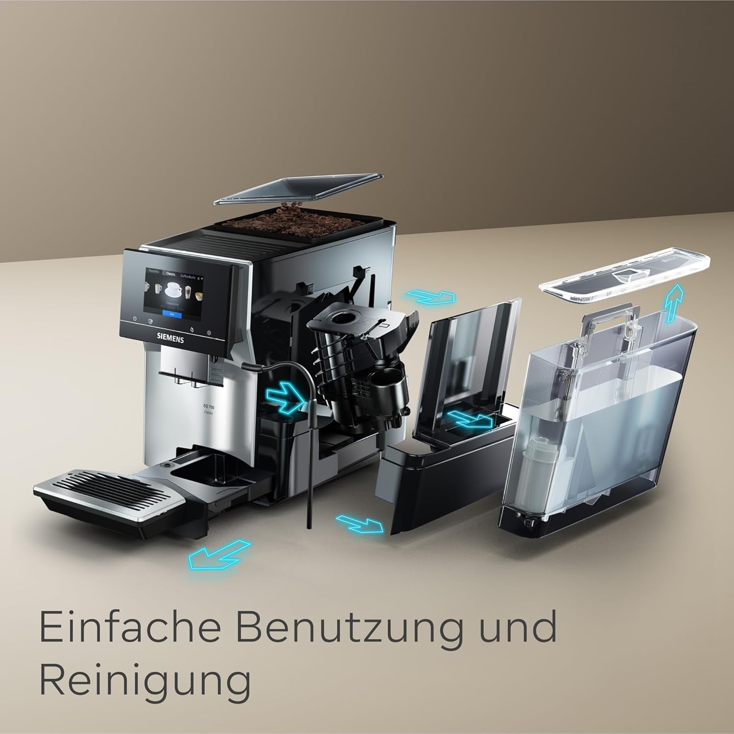 Automatický espresso kávovar Siemens EQ700 classic TP715D01, ovládání aplikací, cold brew, intuitivní dotykový displej, až 10 jednotlivých kreací kávy jako oblíbené, automatické čištění párou, 1500 W, stříbrná šedá