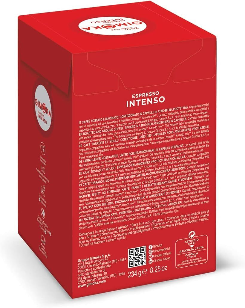 Gimoka Kaffeekapseln Espresso Intenso Kaffeemischung, Intensität 12-144 Kapseln Compatibel mit Lavazza* A Modo Mio* Haushalts-Espressomaschinen, 144 Stück (4 x 36 Getränke) Hergestellt v Itálii