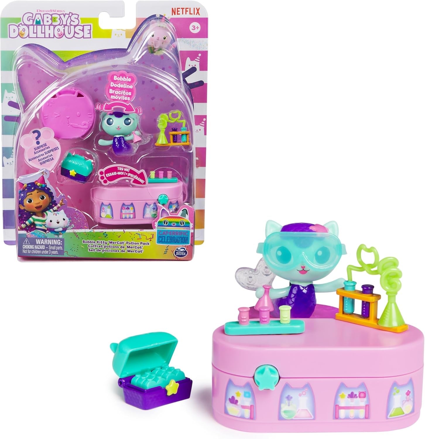 DREAMWORKS GABBY DOLLS HOUSE - Balíček nábytku Meerkätzchen Bobble Kitty, figurka kočky s nábytkem a doplňky do domečku pro panenky, věk 3+