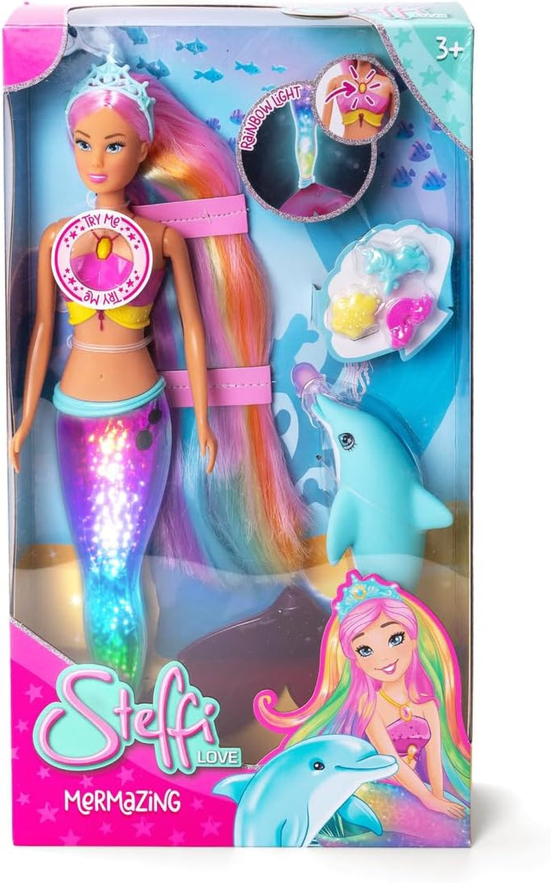 Panenka Simba Steffi Love Mermaid Mermaid s funkcí duhového světla, extra dlouhé vlasy, postava delfína a spony do vlasů, výška 39 cm, funkce Try-Me, věk 3+
