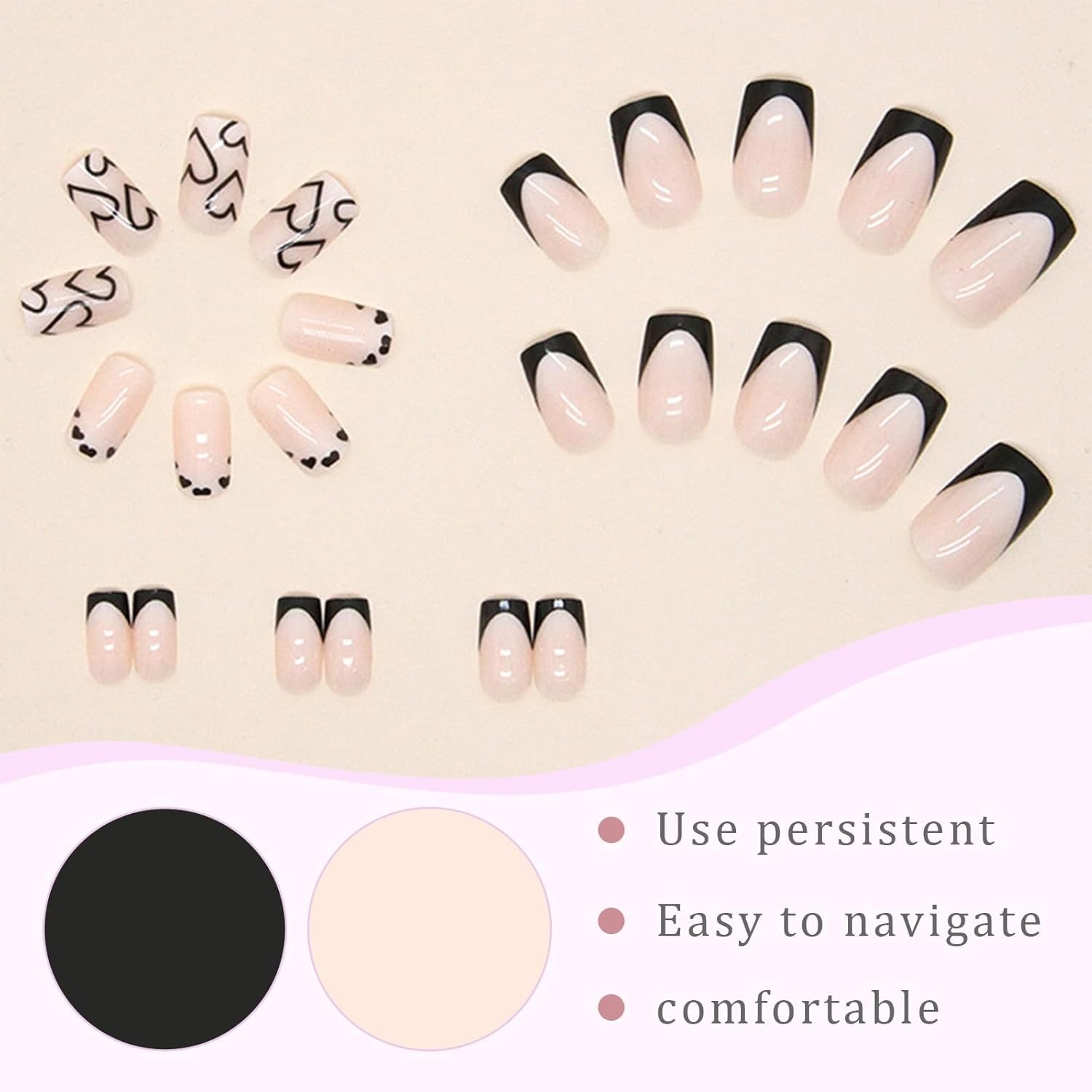 24ks Krátké čtvercové francouzské špičky False Nails White Heart Design Černé akrylové nehty Full Cover