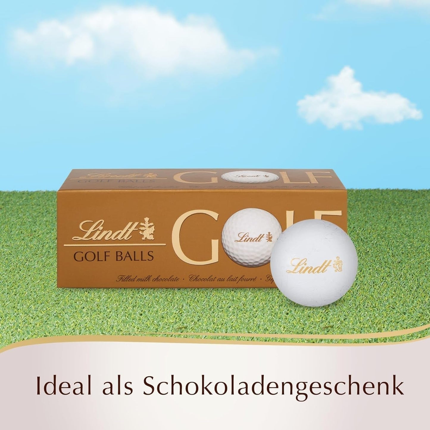 Lindt Schokolade - Golfové míčky | 110 G| Drei Golfbälle Aus Lindt Vollmilch-Schokolade Mit Nougatcremefüllung Und Waffelstückchen | Pralinengeschenk | Dárek pro golfistu | Schokoladengeschenk Naty Shop