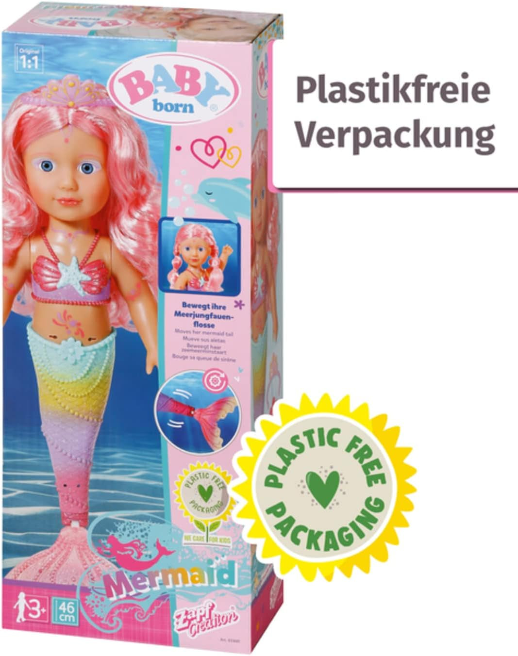 BABY Born Little Sister Mermaid 46 cm Vodotěsná panenka mořská panna s dlouhými vlasy a pohyblivou třpytivou ploutví, vč. diadém a hřeben, 833681 Zapf Creation Dolls Naty Shop