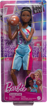 Barbie Made to Move Panenka a doplňky, bruneta basketbalistka s odnímatelnými sportovními šaty a míčem, 22 kloubů, HKT74