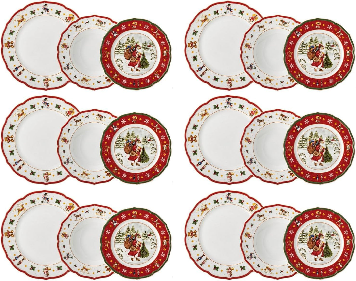 Hutschenreuther Happy Wintertime Red Vánoční sada nádobí pro 6, porcelán, vícebarevné, 6 snídaňových talířů, 6 jídelních talířů a 6 jídelních talířů, vhodné do myčky a mikrovlnné trouby