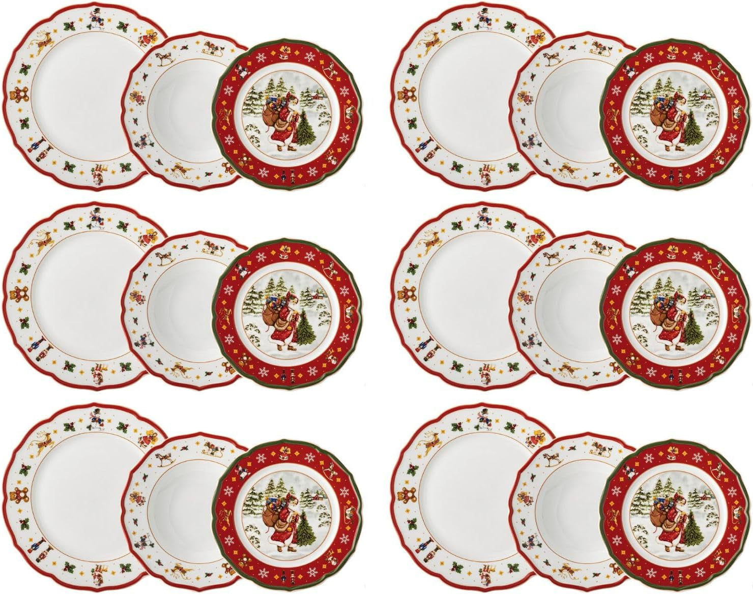 Hutschenreuther Happy Wintertime Red Vánoční sada nádobí pro 6, porcelán, vícebarevné, 6 snídaňových talířů, 6 jídelních talířů a 6 jídelních talířů, vhodné do myčky a mikrovlnné trouby
