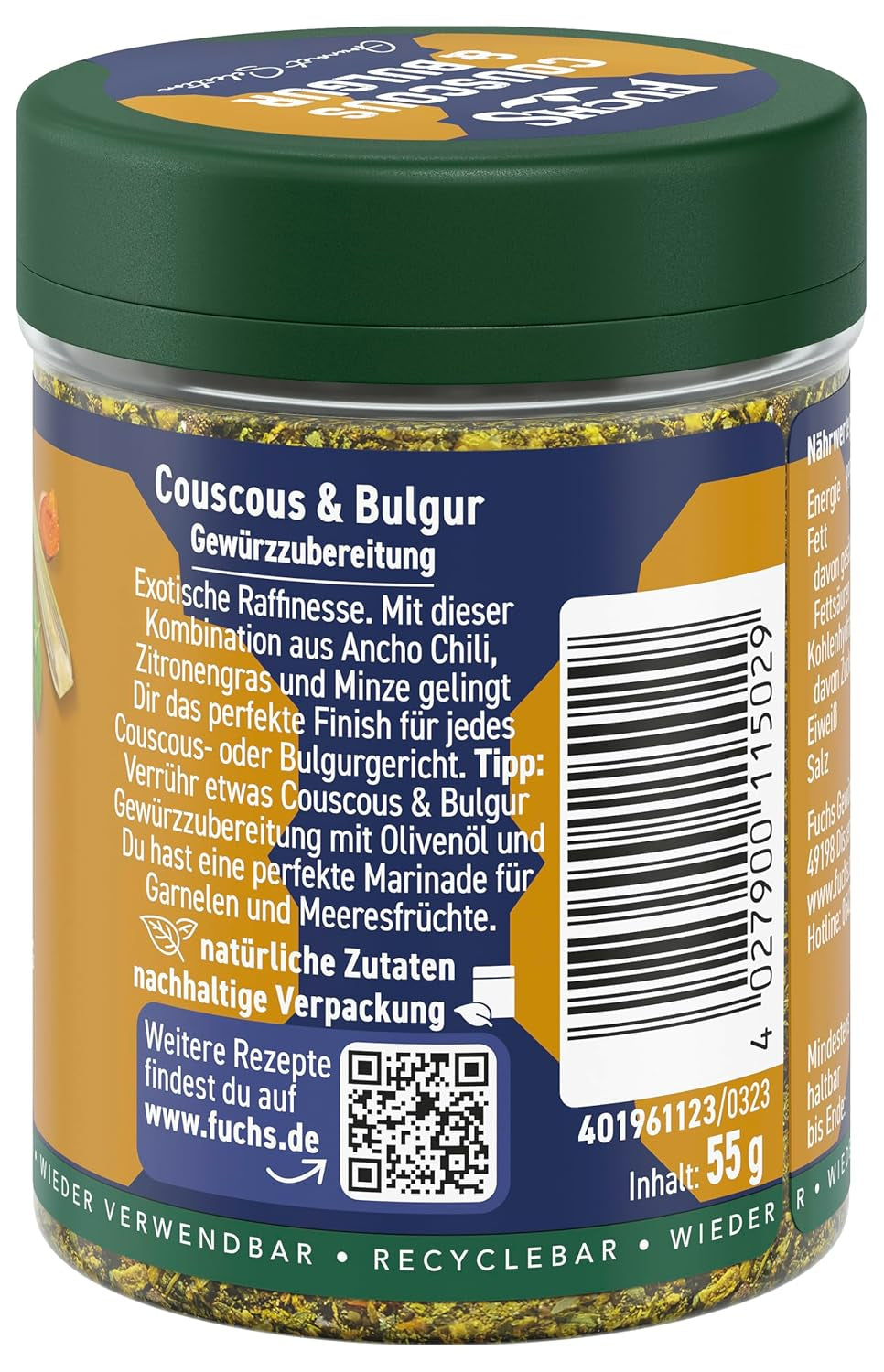 Fuchs Spices Gourmet Selection Blízký východ/Afrika - Kuskus a bulgurová směs koření Plnitelná směs koření na dochucování jídel Bulgur Vegan 55g