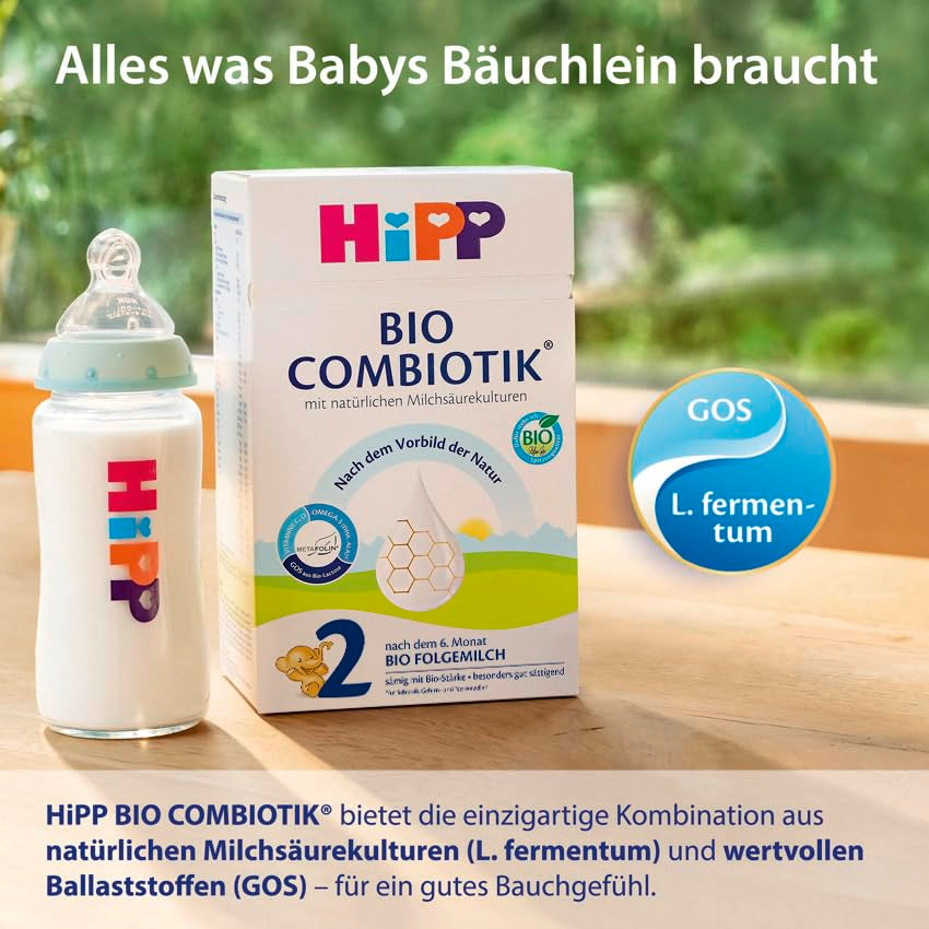 HiPP 2 Bio Combiotik (4 x 600g), pokračovací mléko po 6 měsících, se škrobem, přírodními kulturami kyseliny mléčné, GOS, Omega-3 (DHA, ALA), nejlepší bio kvality