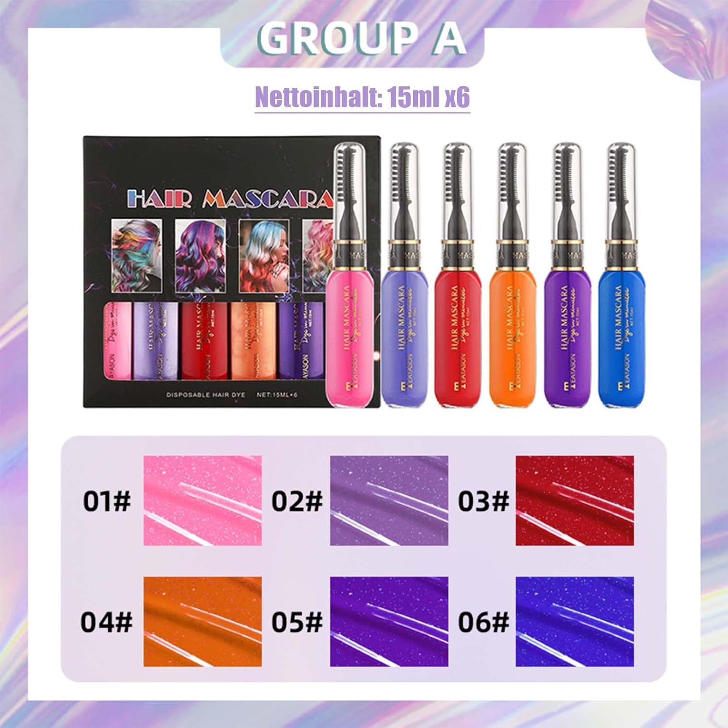 Okamžitá barva na vlasy 6 barev Dočasná řasenka na vlasy pro dívky a ženy Smývatelné vlasy Chalk Rainbow Hair Mascara Barva na vlasy pro karneval Halloween Cosplay Party Narozeniny (A) Naty Shop Hair Dye