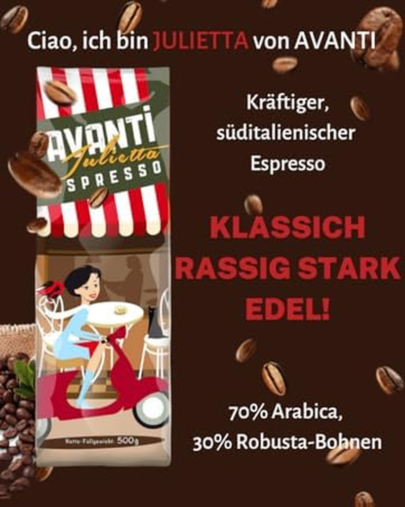 AVANTI Julietta Espresso zrnková káva, 500 g, 70 % Arabica 30 % Robusta, tradiční pražení v bubnu