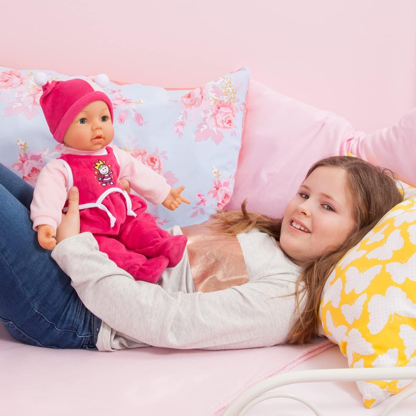 Funktionspuppe Hello Baby mit Geräuschen, bewegt den Mund, interaktive Puppe, Babypuppe, mit Zubehör, 46cm, růžová