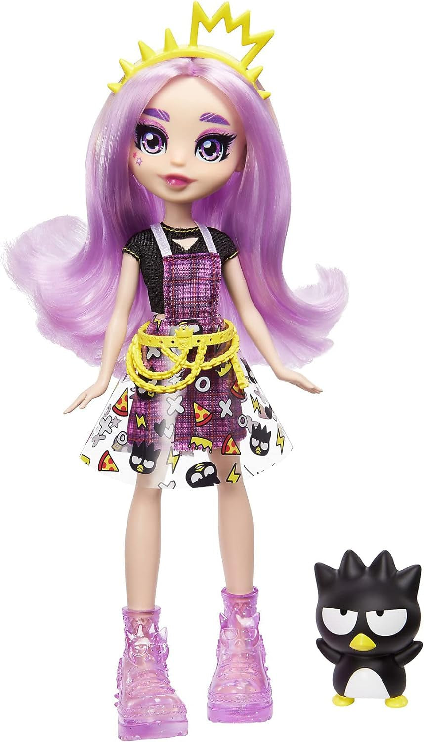 Mattel Hello Kitty GWW98 - Sanrio Badtz-Maru Figur und Jazzlyn Puppe (cca 25,4 cm) s oblečením a doplňky, dlouhý lila Haar a trendy outfit, tolles Geschenk für Kinder ab 3 Jahren