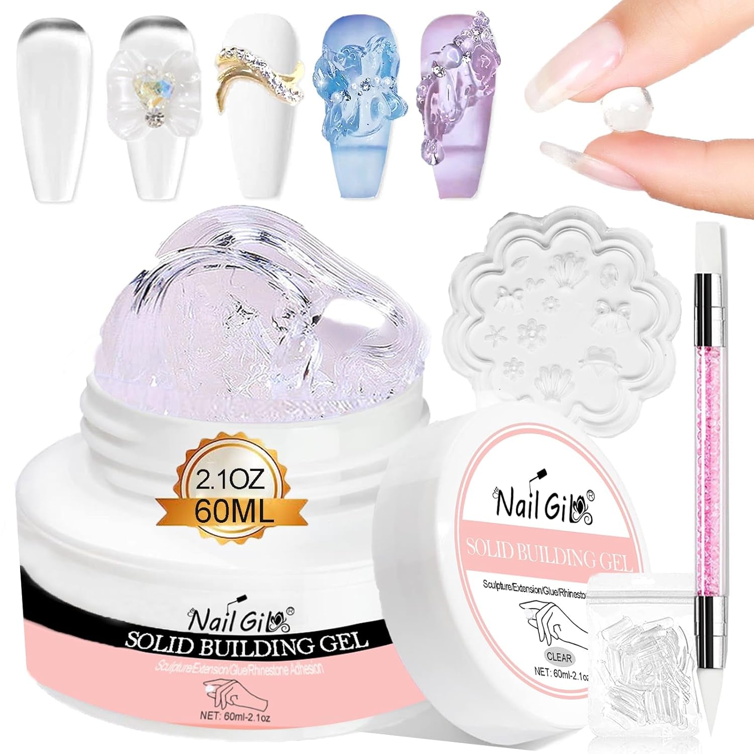 NAILGIL Tuhý gelový lak na nehty, Tuhé gelové lepidlo na nehty, 3D sochařství na nehty se sadou nástrojů, Domácí salon pro kutily, Transparentní 15G