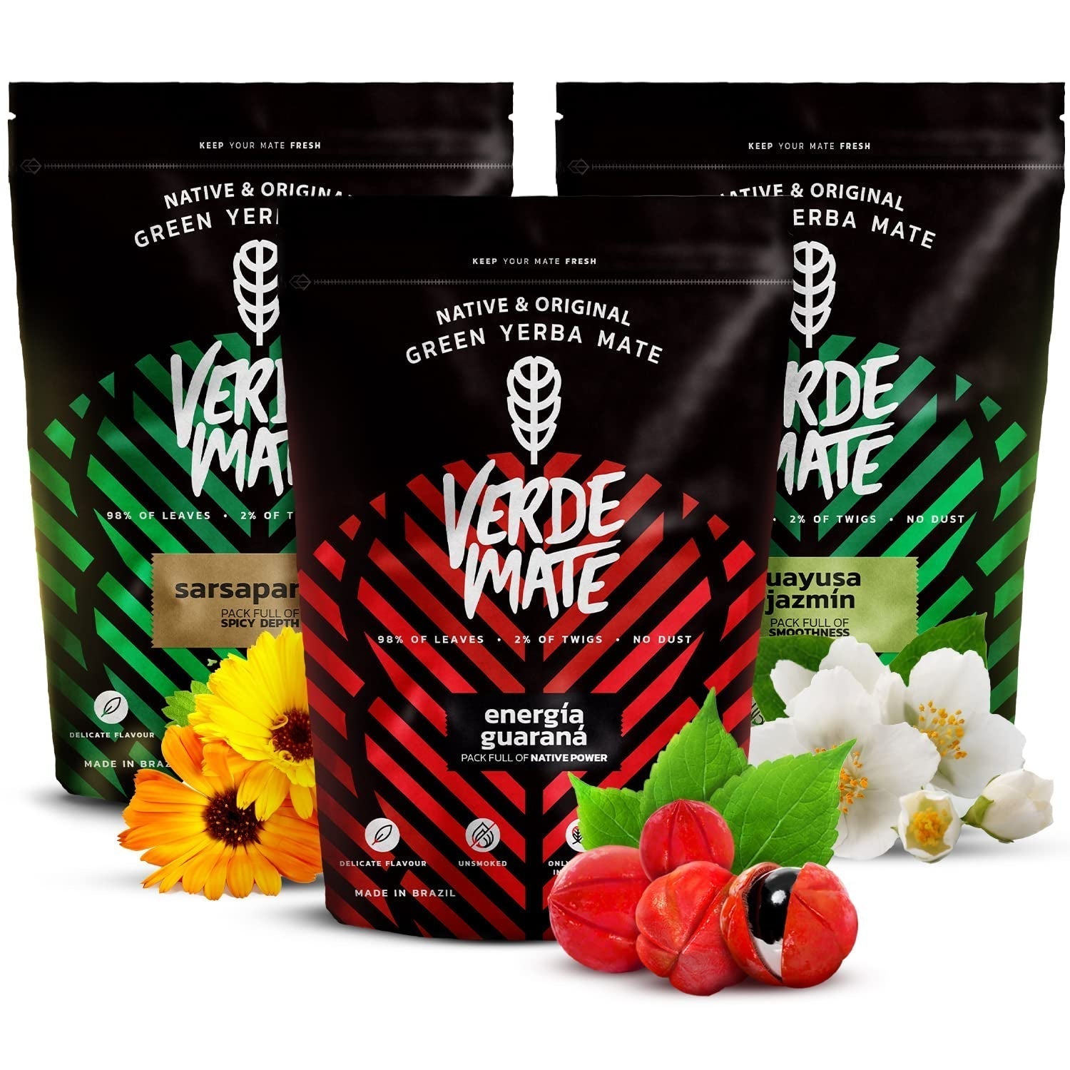 Bylinný čajový set Yerba maté | Yerba maté s bylinkami | Green Mate Green Energy Guarana, Guayusa Jazmin, Sarsaparilla | Brazilské zelené Yerba Mate | 3X500G