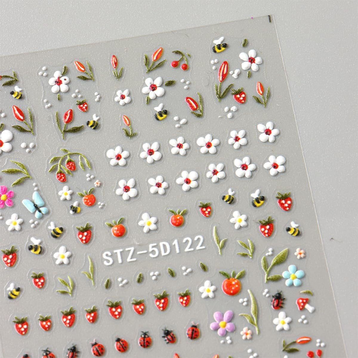 JMEOWIO 3D Nálepka na nehty Blumen Frucht Nálepka na nehty Selbstklebend Nagelaufkleber 5D Stereoskopická dekorace Nageldesign Zubehör 4 Blatt