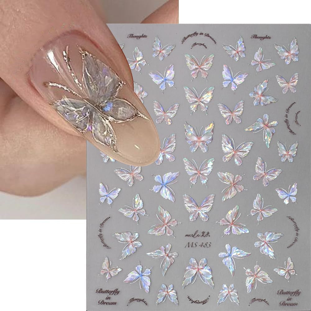 Glänzend Aurora Shell Schmetterling Nálepka na nehty Selbstklebend,Erleichterung Schmetterlinge Nálepka na nehty Rosa Laser Schmetterling Nagelaufkleber Für Frauen Nageldesign Zubehör Nagel Zubehör Nail Art