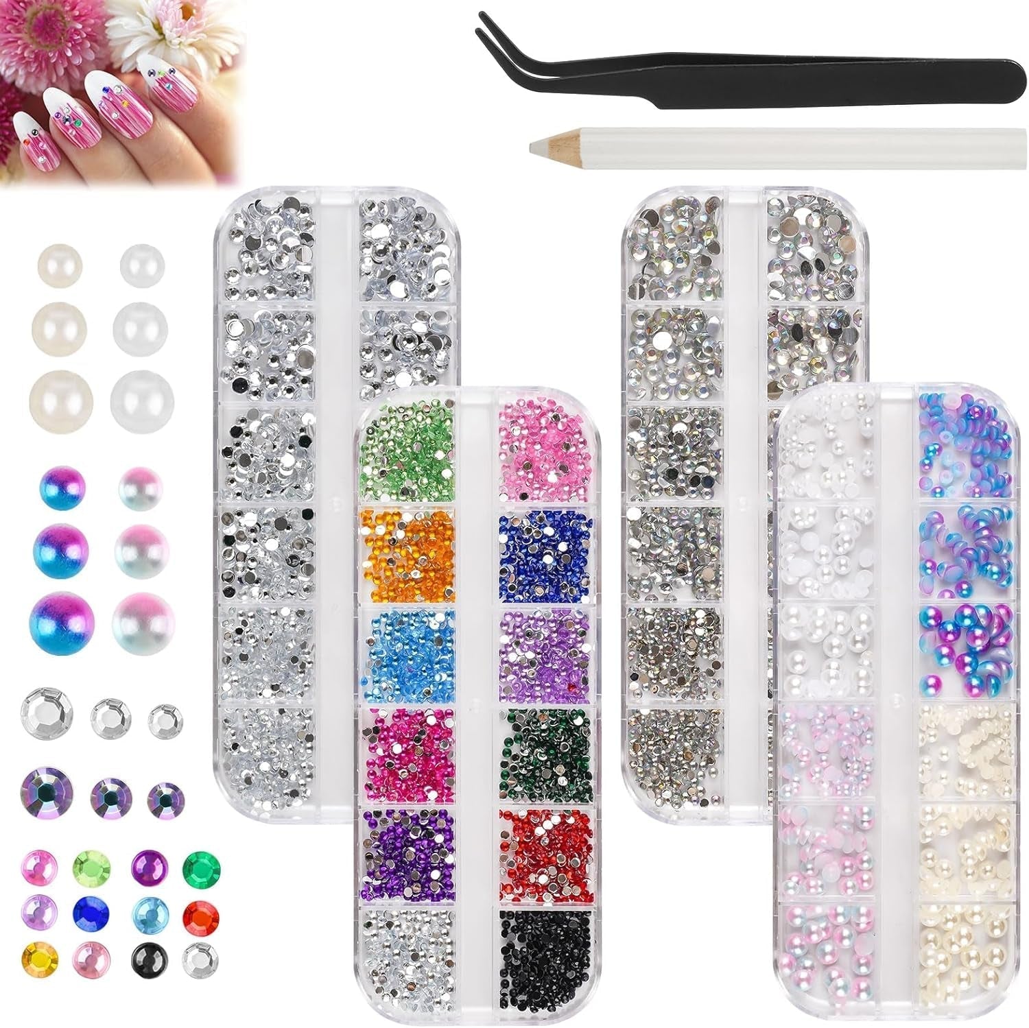 5820 Stück Strasssteine ​​​​Nägel, Glitzersteine ​​Nägel Und Halbrunde Perlen, AB Kristall Rhinestones, Flatback Nagel Steine ​​​​Mit Pinzette Und Stift Für Nagel/Diy (Mehrere Größen Und Farben)
